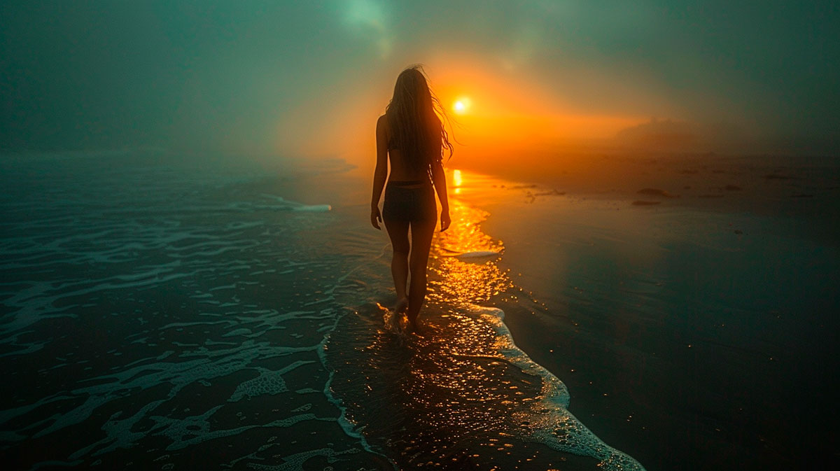 Mujer caminando playa - Hernán Rodríguez